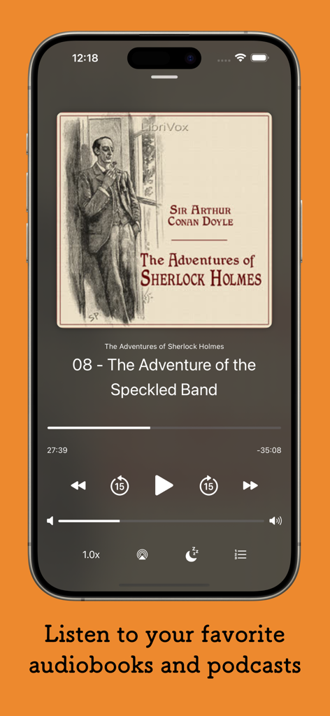 plappa - Schermata dello smartphone che mostra l'interfaccia del lettore di audiolibri plappa con la copertina del libro Sherlock Holmes e i controlli di riproduzione