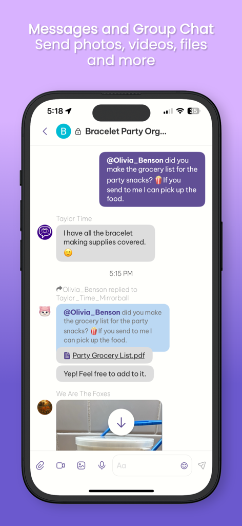 Taylor Time - Mobile app screenshot of a group chat in Taylor Time where users discuss organizing a fan event and share files like grocery lists.