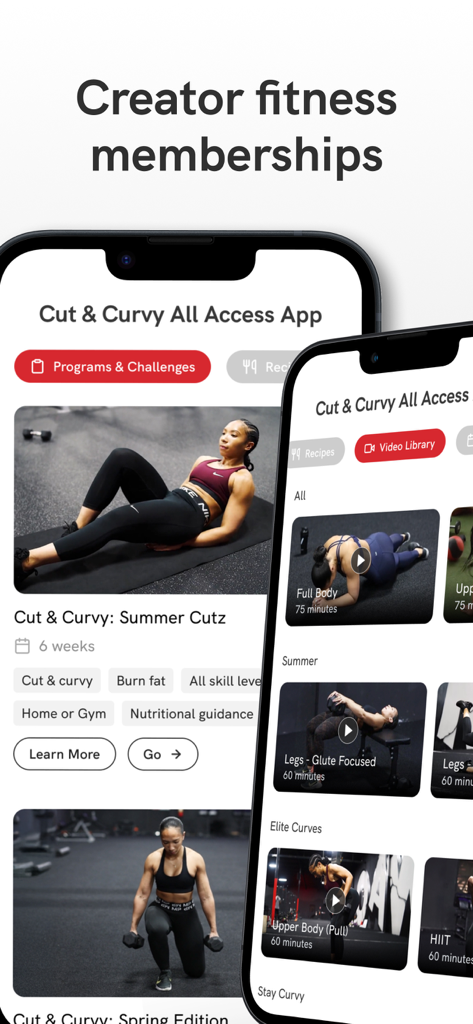 Solin app interface showcasing creator fitness memberships and a library of workout videos.
