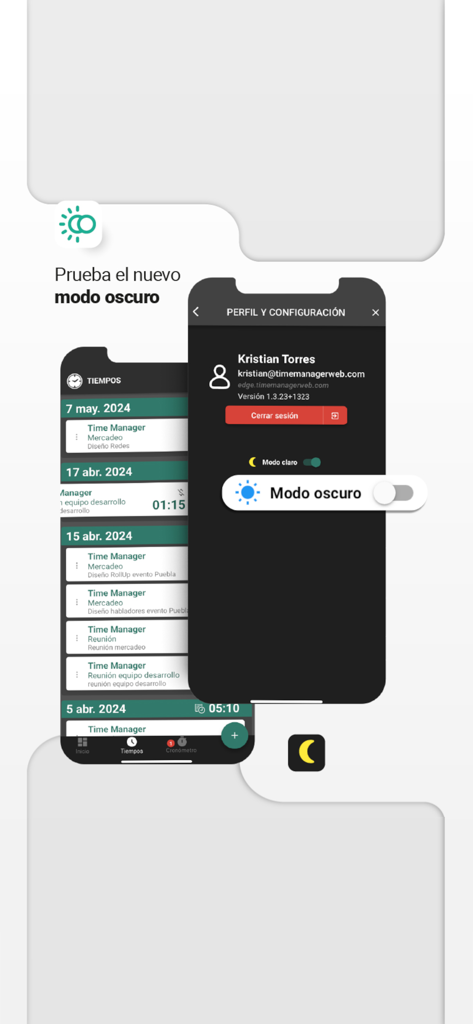 Time Manager - Interfaccia dell'app Time Manager che mostra l'interruttore delle impostazioni della modalità scura e un elenco di voci di tempo monitorate per professionisti legali
