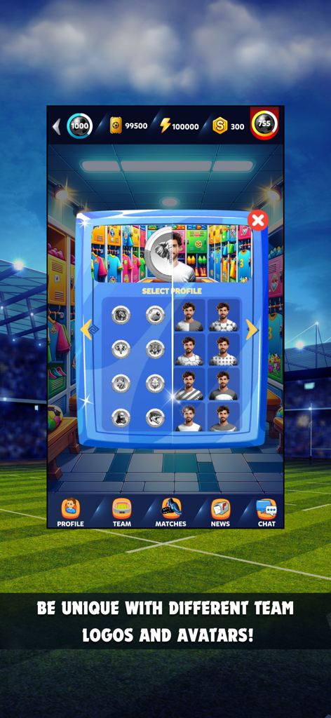 Football Mates: Soccer Game - Football Mates profile selection screen showing unique team logos and player avatars for customization.