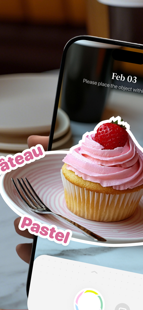 CapWords AI: Learn Languages - CapWords AI app using a smartphone camera to scan a cupcake and display translations in multiple languages