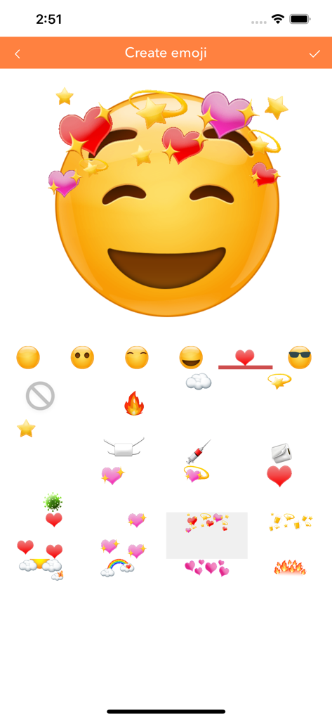 Custom emoji creation screen with a smiling face and heart accessories
