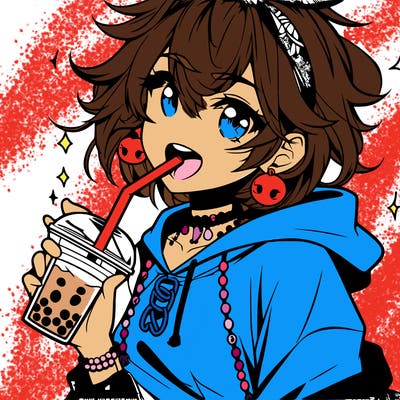 hot baddie anime girl drinking boba and biting the straw