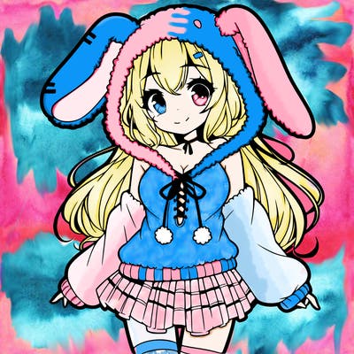 pretty anime girl wearing a fluffy hoodie with bunny ears on the hood and a skirt