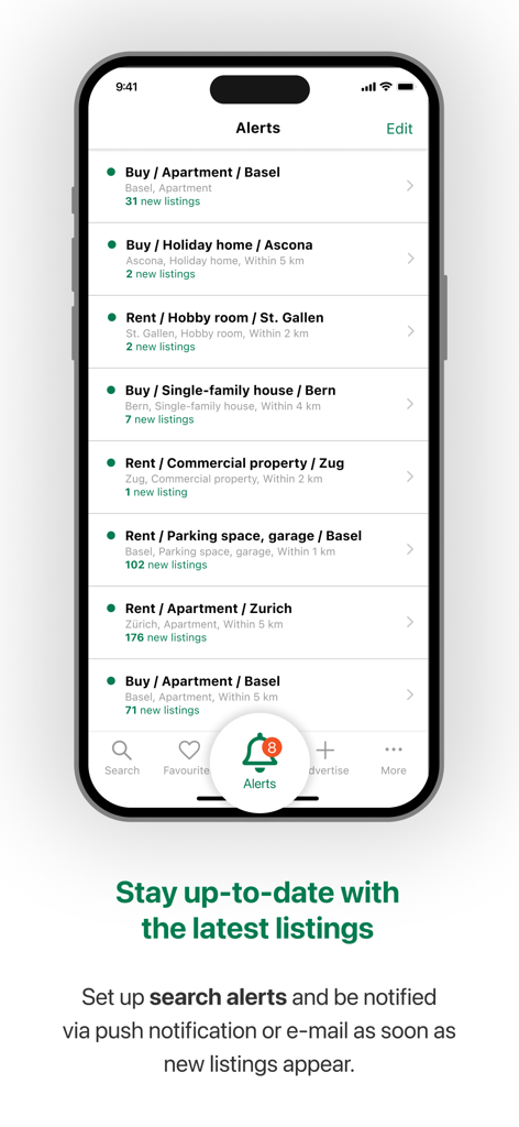 Suchalarm-Oberfläche der Comparis Immobilien Swiss App, die verschiedene Immobilienangebote in der Schweiz zeigt.