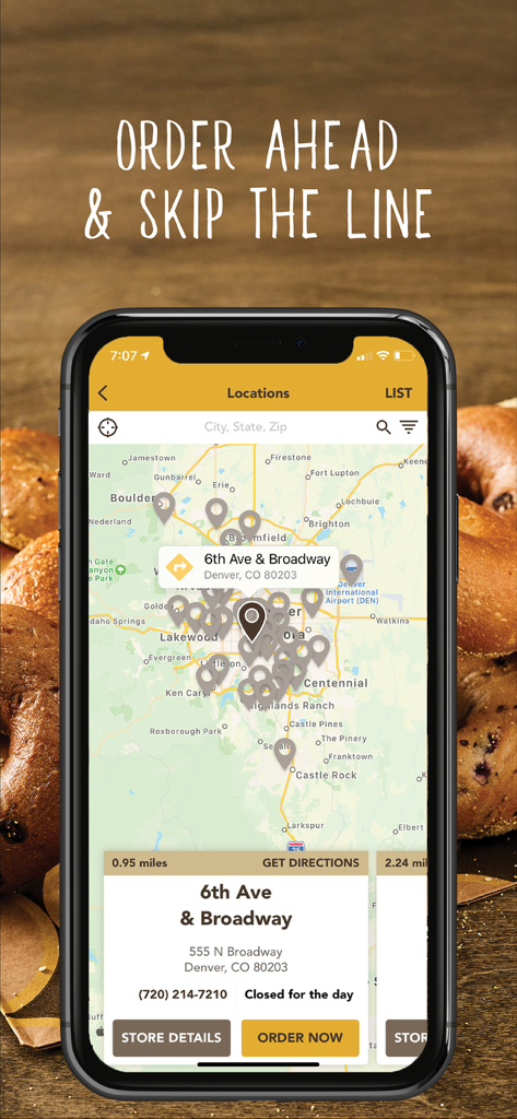 Einstein Bros Bagels - Einstein Bros Bagels mobile app store locator map showing Denver locations with order ahead functionality.