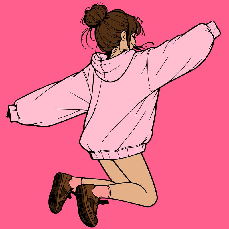 realistic girl jumping with a bun and oversized sweatshirt