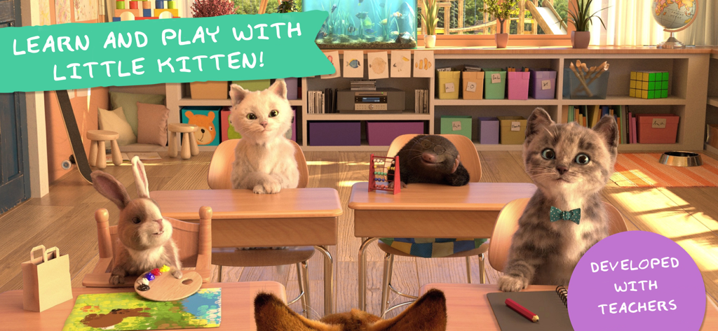 Little Kitten and animal friends in a classroom setting designed for preschool learning