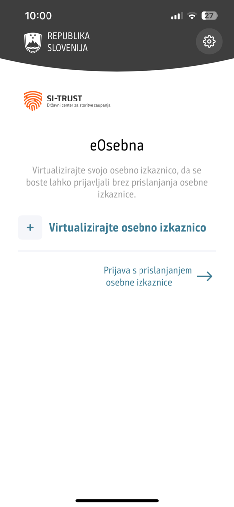 eOsebna - Home screen of the eOsebna mobile app for Slovenian digital ID virtualization.