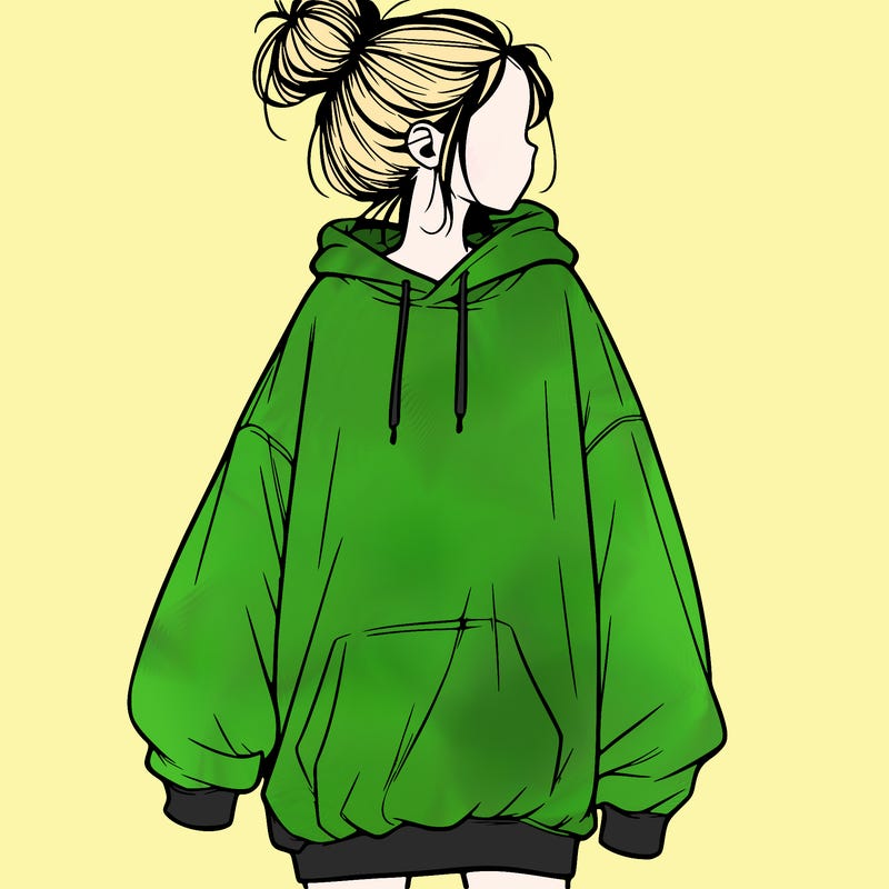 realistic girl with a oversized sweatshirt on and a bun