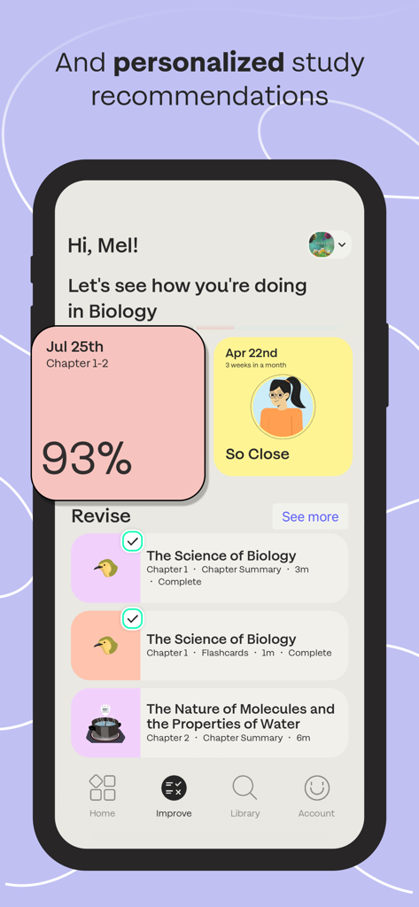 A mobile interface showing personalized study recommendations for a biology course with progress tracking and revision tasks.