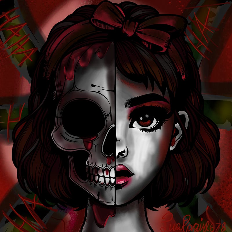 realistic girl with half skull mask