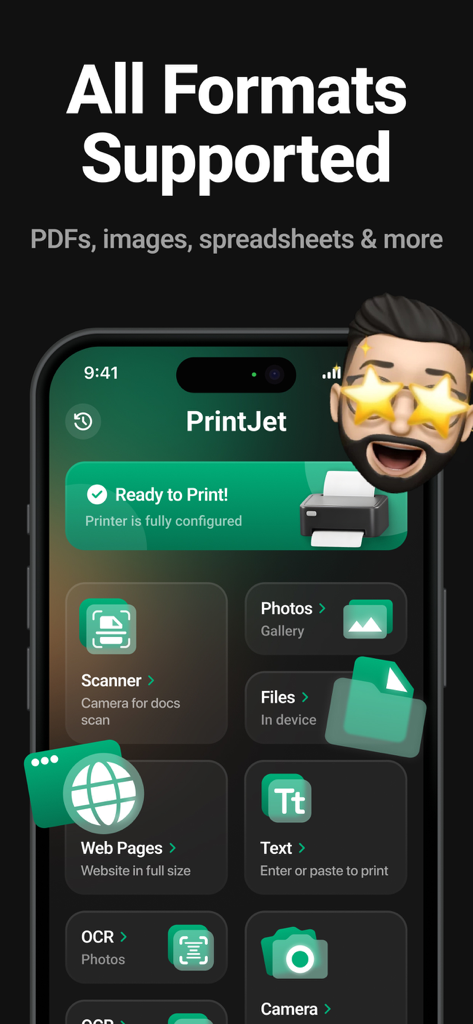 For Every Printer - PrintJet - PrintJet app interface showing various document formats supported for mobile printing such as PDFs images and spreadsheets