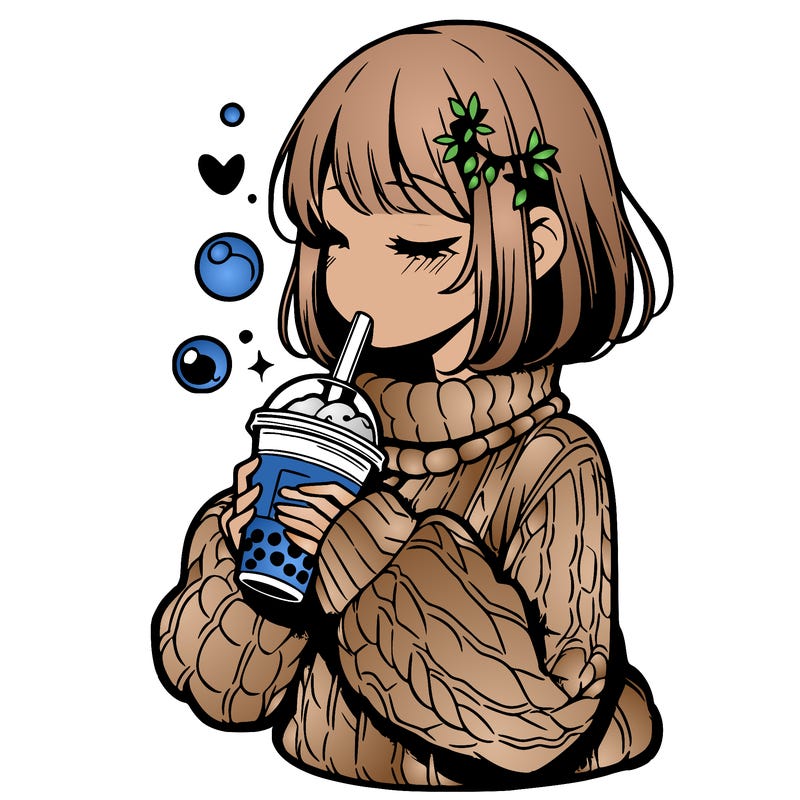 manga girl drinking boba in cozy sweater