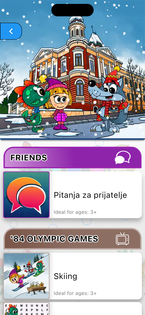 ABC Djeca app screen featuring a winter illustration with characters and educational categories for kids