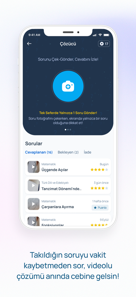 Doping Hafıza - Doping Hafiza mobile app screen displaying the question solver feature with video solutions for academic subjects