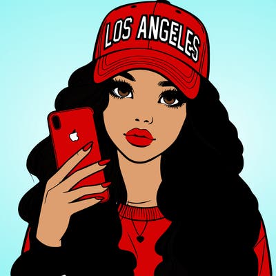 realistic beautiful girl wearing los ángeles cap holding an iphone