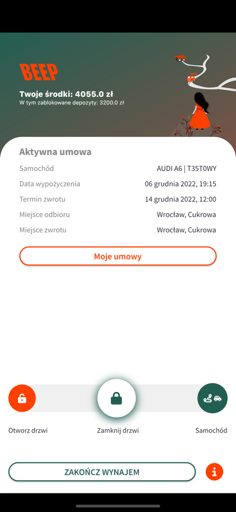 BEEP.rent - BEEP.rent 모바일 앱 인터페이스로, 활성 차량 렌탈 계약 및 원격 도어 제어를 표시합니다.