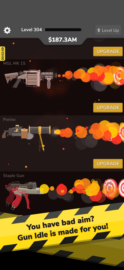 Gun Idle - Gun Idle mobile game screen showing various firearms and a staple gun with upgrade options and firing effects.
