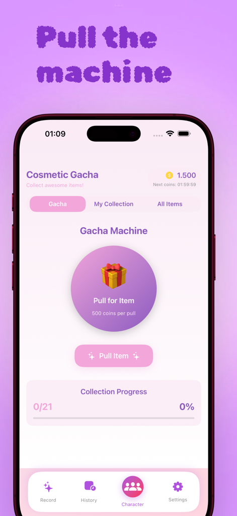 Gacha life Meme audio - Interfaz de la aplicación Audio de memes de Gacha Life mostrando la máquina gacha cosmética y el progreso de recolección de objetos