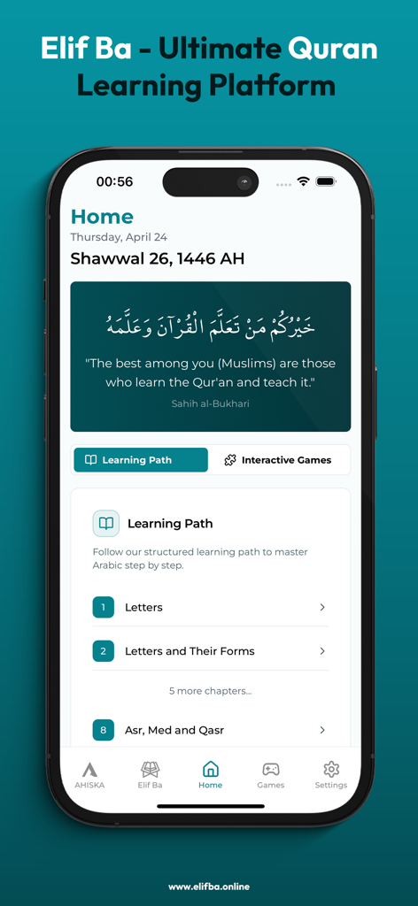 Elif Ba - Learn the Quran - Captura de pantalla de la pantalla de inicio de la aplicación Elif Ba para aprender el Corán que muestra un camino de aprendizaje estructurado del árabe con lecciones sobre letras y sus formas.