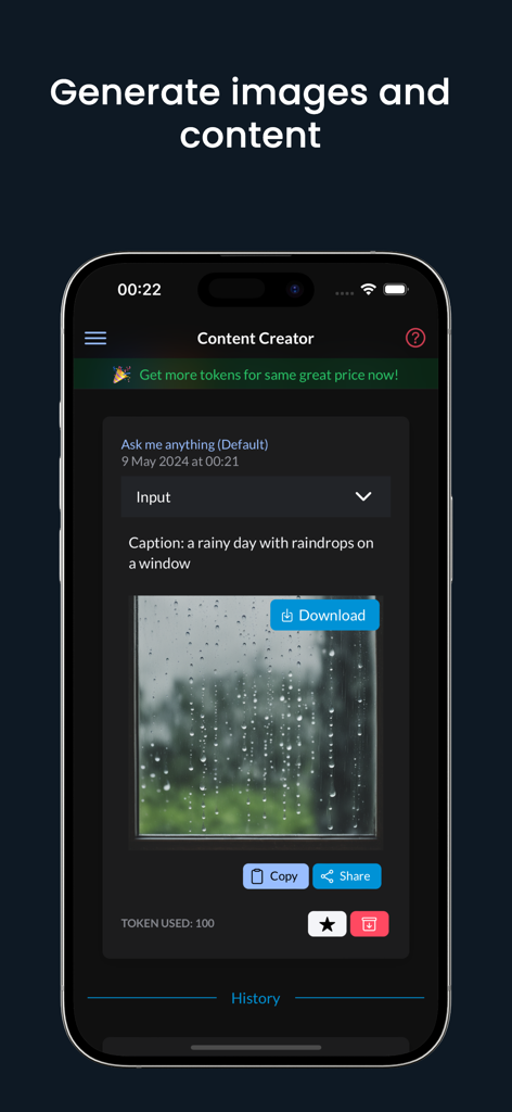 ProMind app screen showing an AI generated image of raindrops and content creation tools