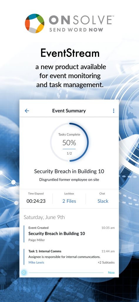 OnSolve EventStream dashboard interface showing event monitoring and task management for a security breach alert