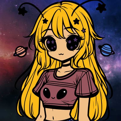 a anime alien girl wearing a crop top with star accessories