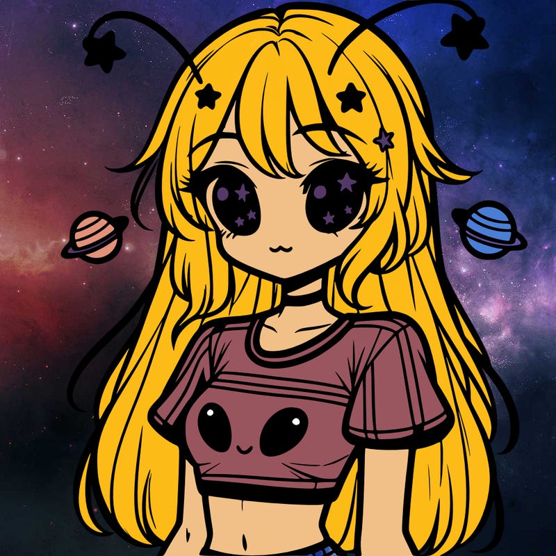 a anime alien girl wearing a crop top with star accessories