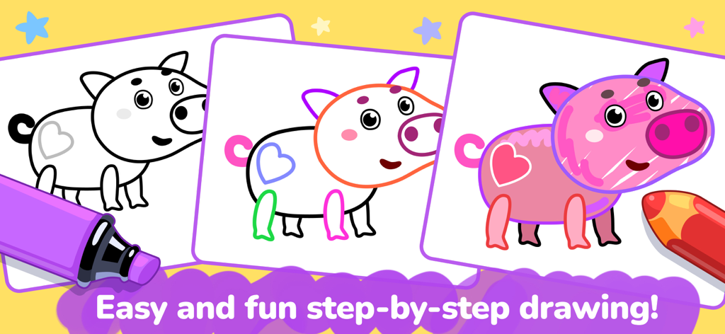 Coloring Book | Kids Games 2+ - Tutorial de tres pasos que muestra a un niño cómo colorear un cerdo de dibujos animados usando herramientas digitales