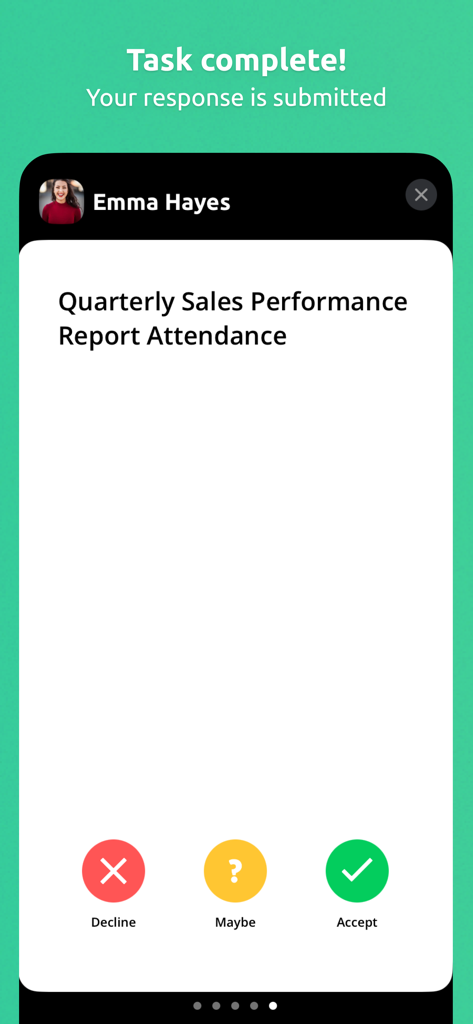 Motimate - Motimate app screen showing task completion and a meeting attendance request with accept or decline options