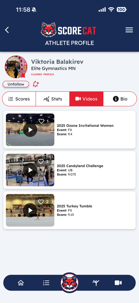 Athlete profile page in the ScoreCat app showing a list of gymnastics competition videos and scores