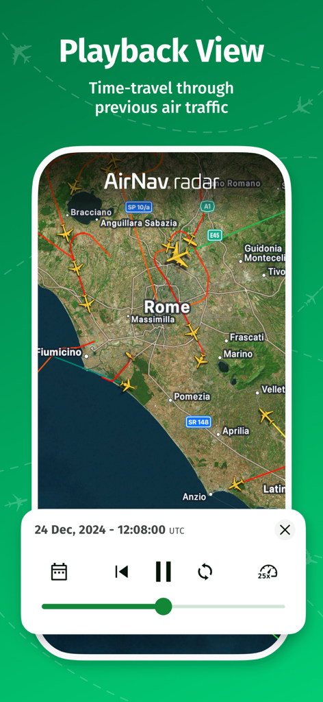 AirNav Radar flight tracker app showing the playback view feature with historical air traffic over Rome