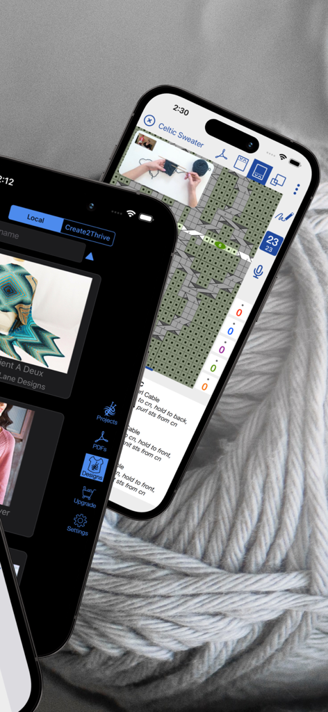 knitCompanion knitting & more - iPhones displaying the knitCompanion app with knitting charts and project designs over a yarn background