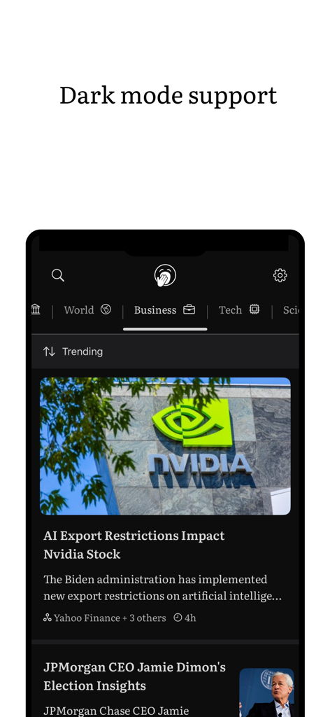 Boring Report: Unbiased News - Boring Report news app interface in dark mode displaying an article about Nvidia stock