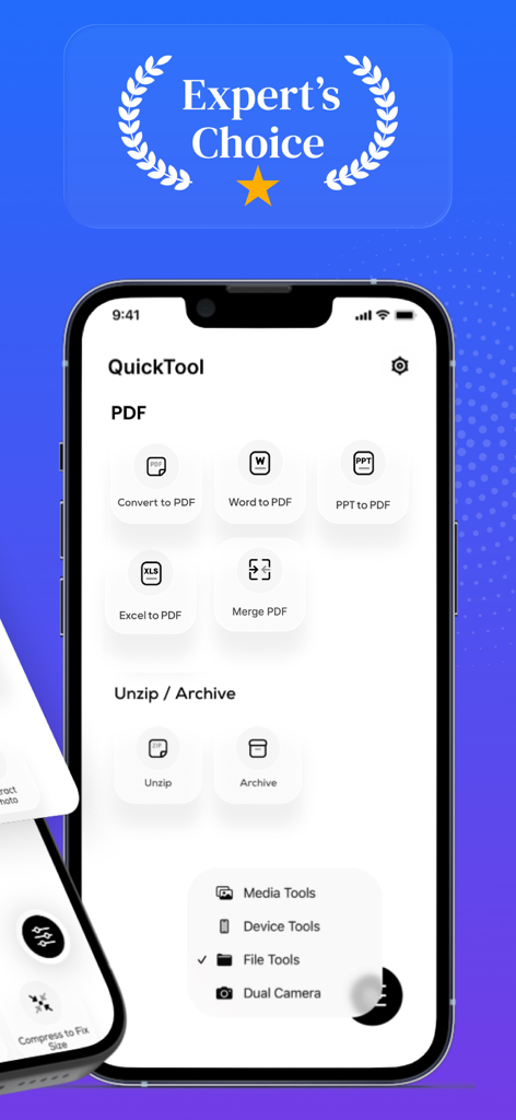 QuickTools Media & Files - Interface of QuickTools Media and Files app displaying PDF conversion and archive management features