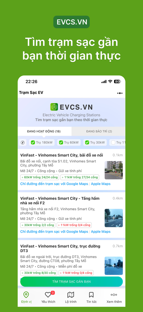 Mobile app interface of Trạm Sạc EV showing a list of nearby electric vehicle charging stations in Vietnam with real time availability