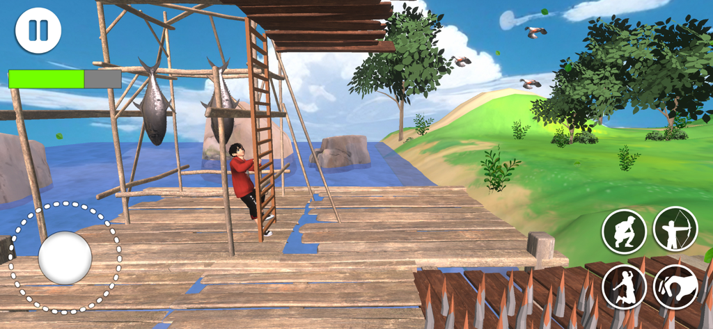 The Escape Story Inside Game - A character in a red jacket climbing a wooden ladder in a 3D platformer game with coastal scenery