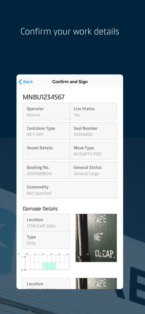 A mobile interface for the eEIR app showing container specifications damage details and photo capture for a digital equipment interchange receipt.