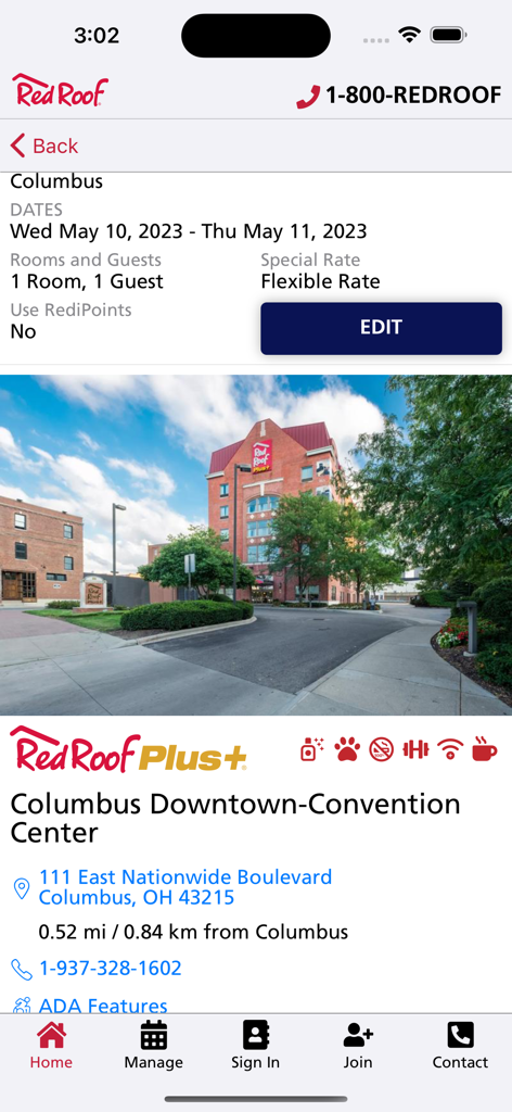 Red Roof - Hotel reservation screen for Red Roof Plus in Columbus showing property details and booking options.
