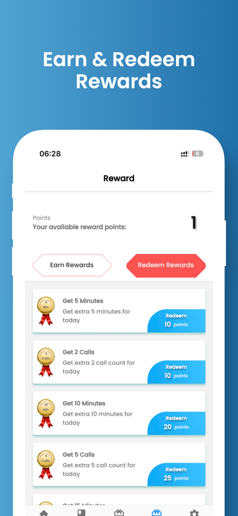 Pantalla de recompensas en la aplicación Speak English Online que muestra opciones de canje de puntos por minutos de llamada adicionales