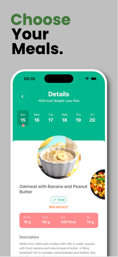 Fiti - Balanced food - Fiti app interface showing a weight loss meal plan with oatmeal nutritional details and a daily calendar.