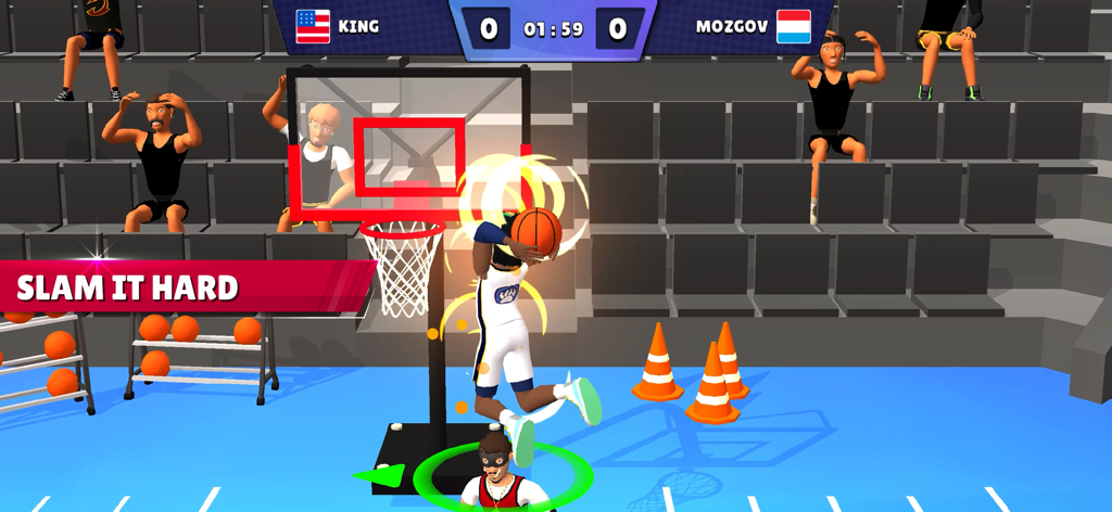 Basketball Superstars - A player performing a powerful slam dunk in the Basketball Superstars arcade sports game.