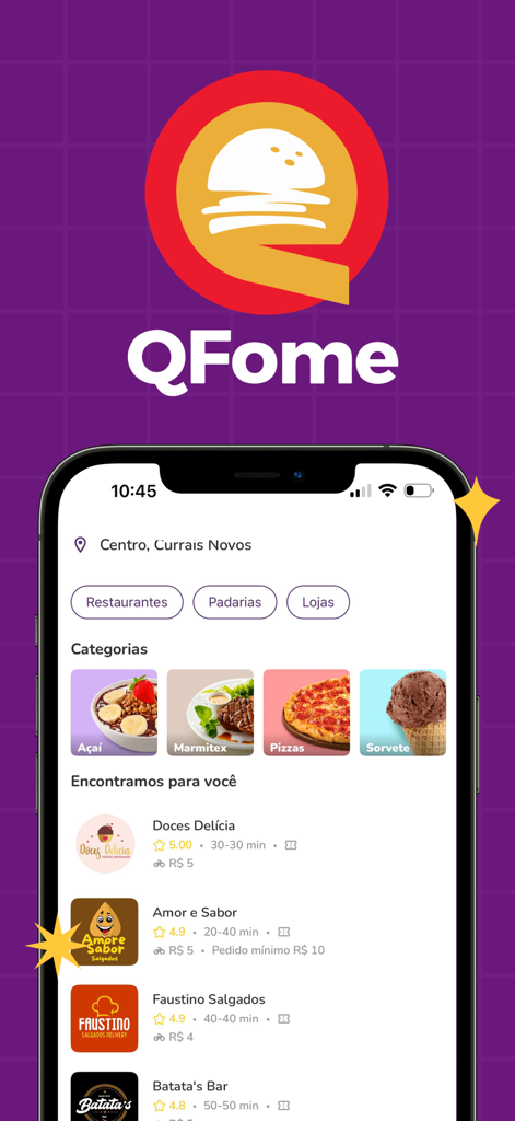 QFome App - Delivery de Comida - QFome food delivery app home screen showing restaurant categories and local listings