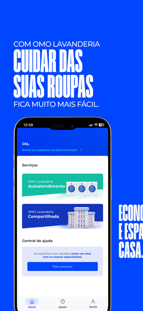 OMO Lavanderia - Startbildschirm der OMO Lavanderia Mobile App mit Kategorien für Wäscheservices und Hilfezentrum