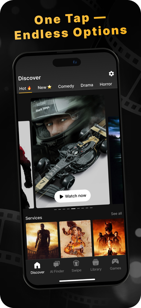 Screenshot of the Movies Hub app Discover tab featuring trending movie posters in a dark mode interface