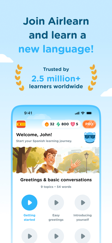 Airlearn - Language Learning - Airlearn app interface showing a Spanish language lesson plan with modules for greetings and basic conversations