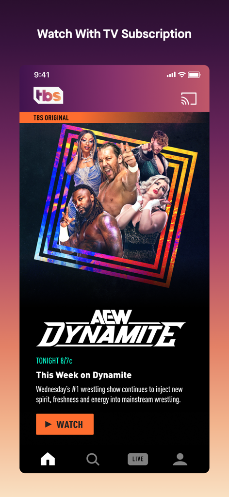 Watch TBS - La interfaz de la aplicación móvil Watch TBS que muestra el programa de lucha libre AEW Dynamite con un botón de reproducción y un mensaje de suscripción de TV.