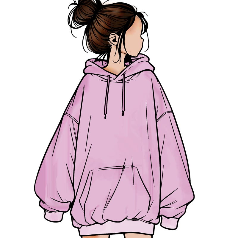 realistic girl with a oversized sweatshirt on and a bun